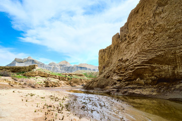Fototapeta na wymiar Canyon - formation from sand and clay with a small salt creek