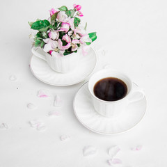 two cups tea drinking spring flowers freshness white pink