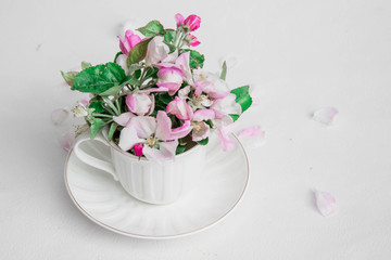 Obraz na płótnie Canvas spring blossoming white cups on a table