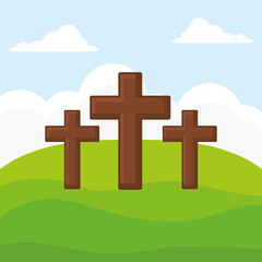 three religious crosses over landscape background, colorful design. vector illustration