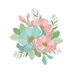 Vector flowers, floral bouquet, leaves and twigs. Composition for a wedding or a postcard. Vector illustration.