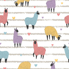 Seamless pattern with cute colorful llama on striped background. Vector lamas illustration. © Afanasia