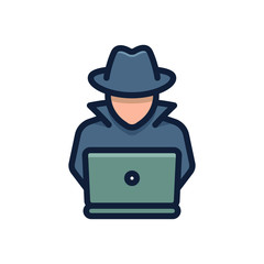 Spy agent searching on laptop. Hacker