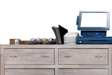 the mockup is for designers, cash register, payment terminal on a pedestal on a white background