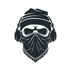 Skull in a knitted cap with headphones and in a bandana. DJ bandit
