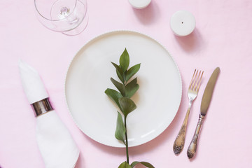 Romantic dinner. Elegance table setting with plant on pink linen tablecloth. Top view.