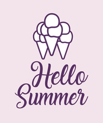 Hello summer design with ice cream cones over pink background, colorful line design. vector illustration
