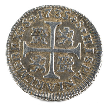 Ancient Spanish silver coin of the King Felipe V. 1735. Coined in Sevilla. Medio real. Reverse.
