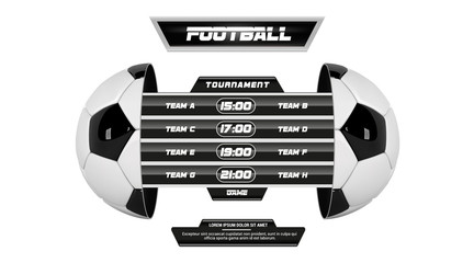 Vector of soccer league with team competition and scoreboard isolated on white background. Football White Banner With 3d Ball and Scoreboard. Soccer game match. Half football ball