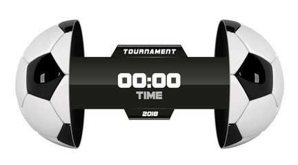 Vector of soccer league with team competition and scoreboard isolated on white background. Football White Banner With 3d Ball and Scoreboard. Soccer game match. Half football ball