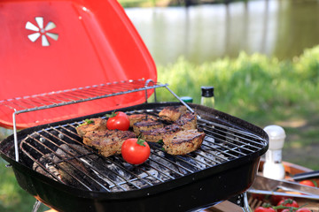 Grilowanie polędwicy, pomidorów i pieczywa w plenerze nad jeziorem na grilu turystycznym. © Stanisław Błachowicz