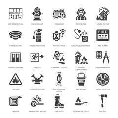 Fototapeta premium Firefighting, fire safety equipment flat glyph icons. Firefighter car, extinguisher, smoke detector, house, danger signs, firehose. Flame protection pictogram. Solid silhouette pixel perfect 64x64.