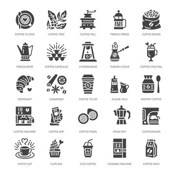 Coffee making equipment flat glyph icons. Elements - moka pot french press, grinder, espresso, vending, plant, croissant. Restaurant, shop pictogram. Solid silhouette pixel perfect 64x64.