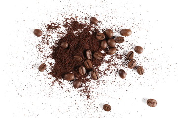 Pile of powder, instant coffee and beans isolated on white background, top view