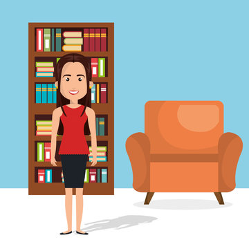 young woman in the library character scene vector illustration design