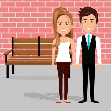 young couple in the chair avatars characters vector illustration design