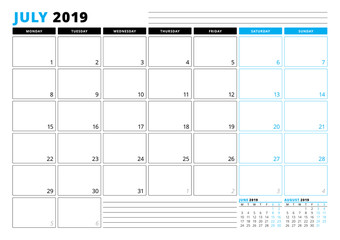 Calendar Template for July 2019. Business Planner Template. Stationery Design. Week starts on Monday. 3 Months on the Page. Vector Illustration