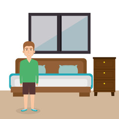 young man in the bed room character scene vector illustration design