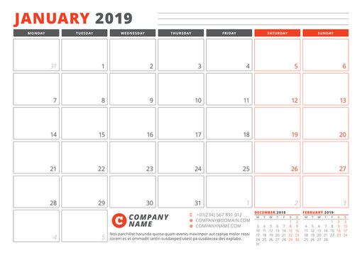 Calendar Template for January 2019. Business Planner Template. Stationery Design. Week starts on Monday. 3 Months on the Page. Vector Illustration