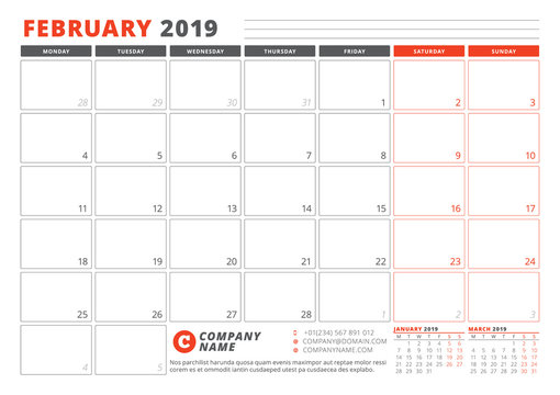 Calendar Template for February 2019. Business Planner Template. Stationery Design. Week starts on Monday. 3 Months on the Page. Vector Illustration