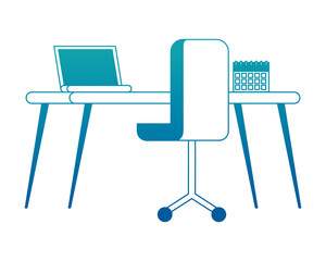 workspace desk chair computer and calendar vector illustration neon design