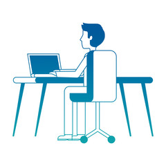 young man working in workplace desk and computer vector illustration neon design