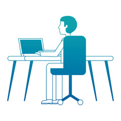 young man working in workplace desk and computer vector illustration neon design