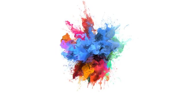 Color Burst - colorful blue orange yellow pink cyan smoke explosion fluid gas ink particles slow motion alpha matte isolated on white wide shot
