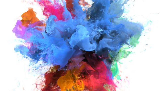 Color Burst - colorful blue pink orange yellow cyan smoke explosion fluid gas ink particles slow motion alpha matte isolated on white