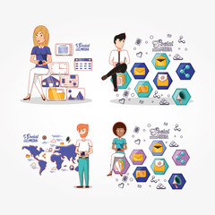 business people with social media icons vector illustration design