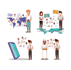 people of different ethnic groups with social media icons vector illustration design