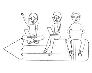 group students sit on school pencil with her laptops vector illustration sketch