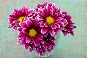 Fototapeta premium Purple and white flowers on green marble background
