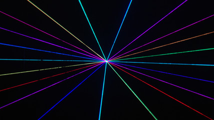 Thin rainbow laser beams on black background, alpha matte