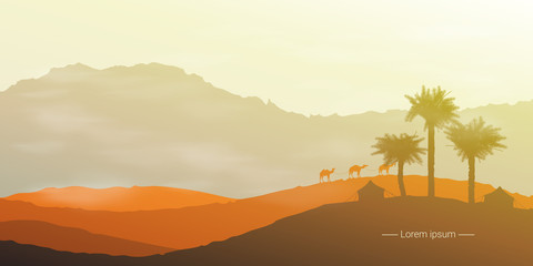 Fototapeta na wymiar Landscape of the desert with camels and palm trees.