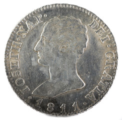 Ancient Spanish silver coin of the King Jose Napoleon. 1811. Coined in Madrid. 4 reales. Obverse.