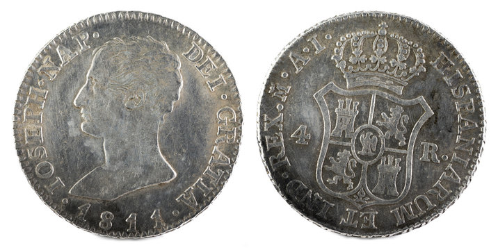 Ancient Spanish silver coin of the King Jose Napoleon. 1811. Coined in Madrid. 4 reales.