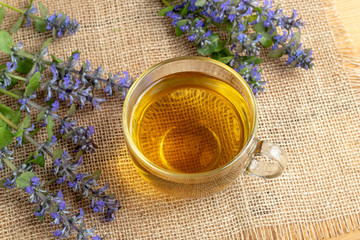 Obraz na płótnie Canvas A cup of blue bugle tea with fresh plant