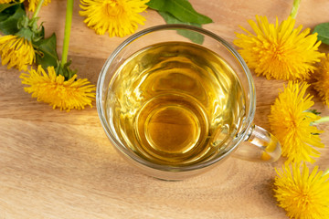 A cup of dandelion tea with fresh plant