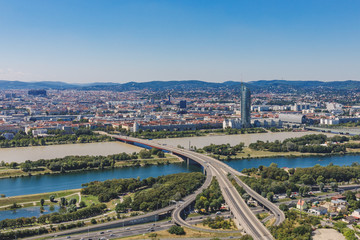 Fototapeta na wymiar View from Danube Tower in Vienna towards Millenium Tower