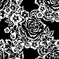 seamless monochrome pattern of flowers for greeting cards, background, price tags