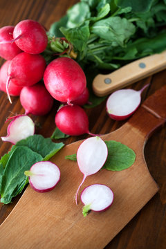 Organic fresh radish on a wooden table