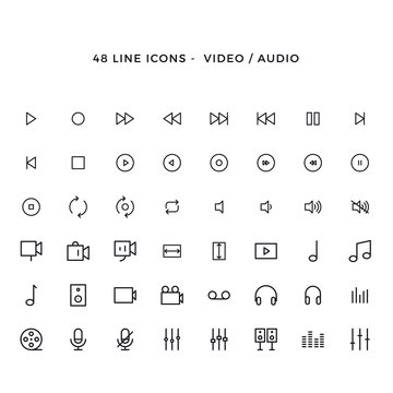 Set Of Video And Audio Vector Line Icons