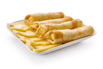 pancakes with cheese are isolated on a white background