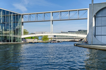 River Spree and the footbridge Mierscheid-Steg connecting Paul-Loebe House with the Marie-Elisabeth-Lueders House in Berlin