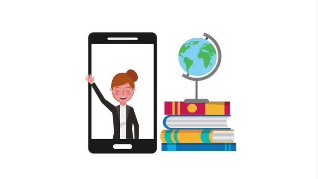 teacher in screen smartphone school globe and books
