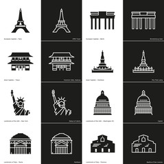 Landmark Icon Pack 1. Glyph and line style icons of various famous landmark buildings from around the world.