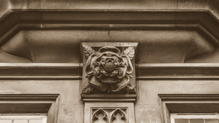 Tudor Rose in Sepia, Architecture Details of old building in Somerset England, sepia tone horizontal photography - 204280677