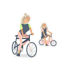 Cartoon mother and daughter kid riding bicycle. Family female characters doing sport. Young woman and kid on bike. Vector isolated illustration.