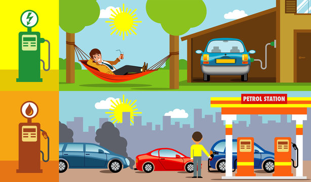symbolic vector illustration showing the comfort of being able to recharge the electric car at home, instead of queuing at the gas station with the petrol car